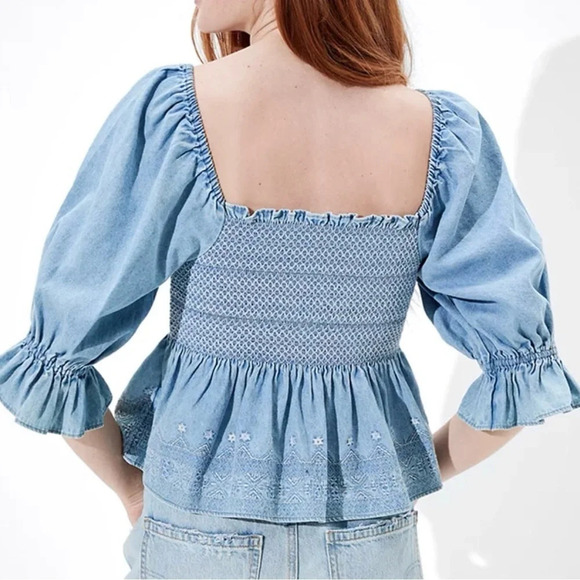 American Eagle Smocked Babydoll Top. Chambray Denim, Coquette, Soft, Boho Hippie - Picture 11 of 12